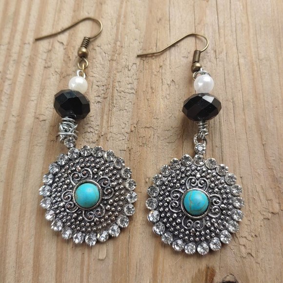 Goth black, white, and turquoise dangly earrings - Picture 2 of 3